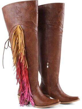 〽️Women's Knee-Calf Faux Fur Boots Brown Faux Leather Furry Heel Pointed Toe